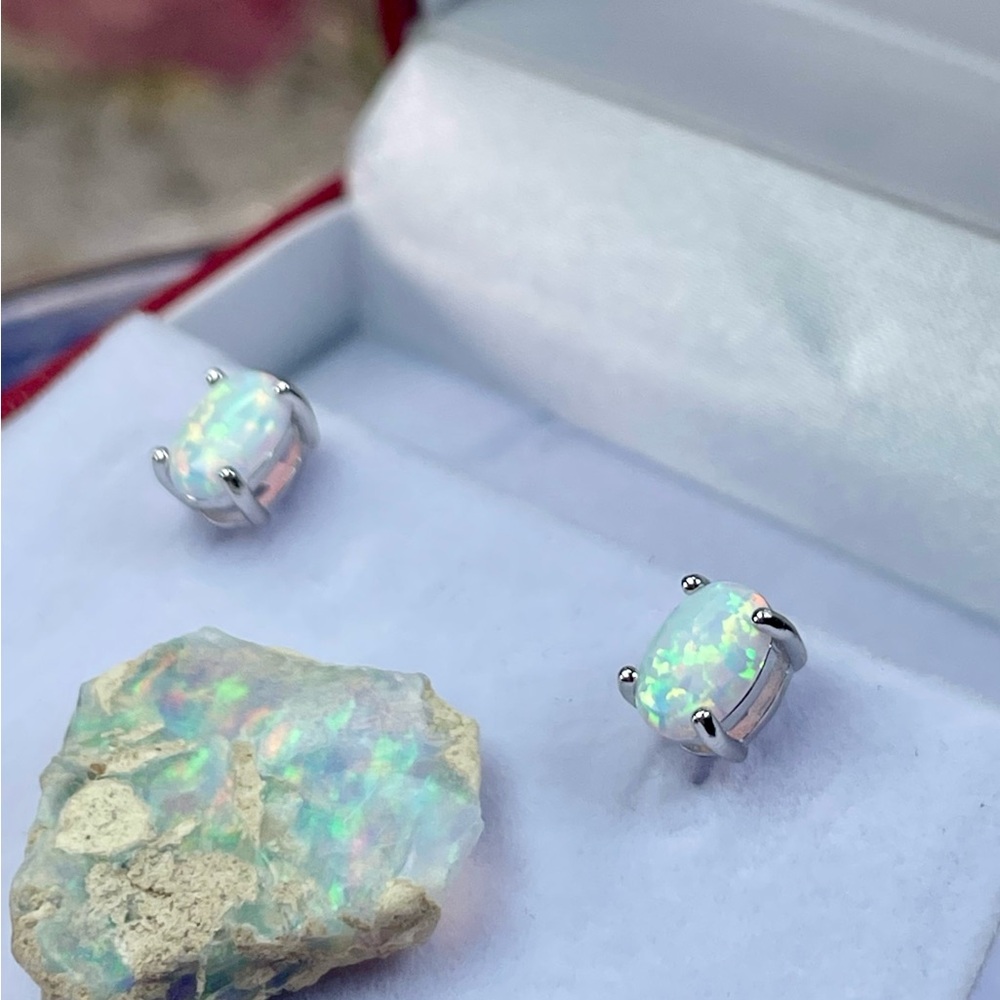 14K 2ct Australian‼️ Opal White Gold Earrings - Picture 10 of 16
